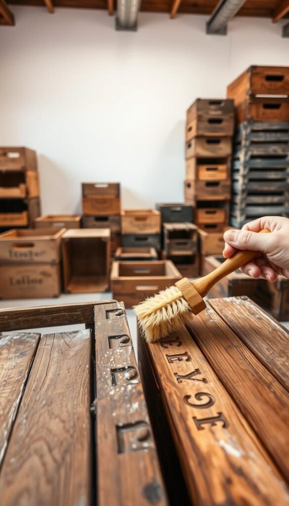 A bright, well-lit studio setting, featuring a close-up view of vintage wooden crates being carefully cleaned and restored. In the foreground, weathered crates are being gently scrubbed with a soft-bristled brush, revealing the rich patina of the reclaimed wood underneath. The middle ground showcases a variety of crate sizes and shapes, some with intricate stenciled labels or faded paint, all being methodically brushed and wiped down. The background provides a sense of depth, with additional crates stacked neatly, creating a sense of orderly organization. The lighting is soft and diffused, casting a warm, inviting glow over the scene, highlighting the textures and details of the wooden surfaces. The overall mood is one of focused, meticulous restoration, emphasizing the care and attention required to transform these vintage crates into beautiful new decor.