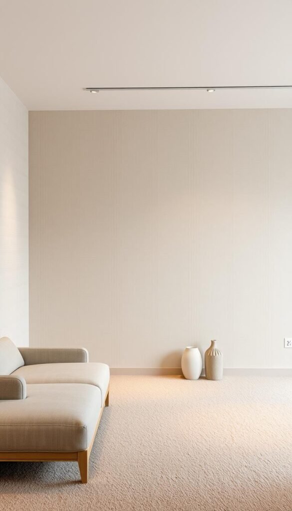A calm, serene interior space featuring a neutral color palette of soft beiges, warm grays, and muted whites. The walls are adorned with subtle, textured wallcoverings, complemented by plush, low-pile carpeting underfoot. Strategically placed accent pieces, such as a simple vase or sculpture, add a touch of visual interest without distracting from the overall tranquil atmosphere. Warm, indirect lighting casts a gentle glow, creating a sense of inviting comfort. The composition is balanced, with clean lines and a harmonious flow, embodying the essence of timeless, elegant design.