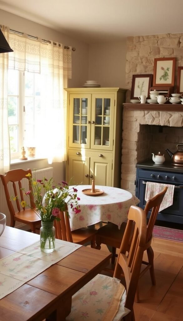 A charming and cozy cottage-style kitchen, bathed in warm, natural light filtering through lace-patterned curtains. The foreground features a rustic wooden table with a vintage floral tablecloth, complemented by a farmhouse-inspired bench and a pair of mismatched wooden chairs. On the table, a vase of fresh wildflowers adds a touch of vibrant color. The middle ground showcases a freestanding, painted cabinet with glass-paned doors, displaying an assortment of antique teacups and saucers. In the background, a traditional stone fireplace with a mantel adorned with framed botanical prints and a tarnished copper kettle on the stove, creating a timeless, inviting atmosphere.