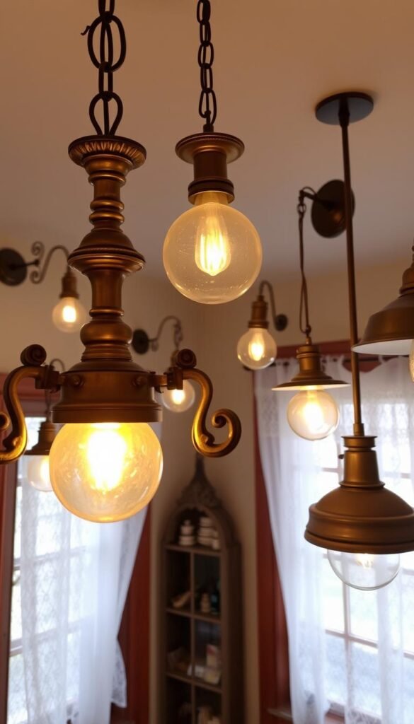 A charming collection of vintage lighting fixtures, illuminating a cozy cottage kitchen. In the foreground, a ornate brass chandelier casts a warm, golden glow, its intricate details and aged patina evoking a sense of timeless elegance. Surrounding it, vintage wall sconces and pendant lights in a mix of metal finishes and globe shapes add depth and visual interest, creating a layered, atmospheric lighting scheme. In the background, the room is bathed in soft, natural light filtering through lace curtains, emphasizing the rustic, homely ambiance. The overall effect is one of nostalgic charm and inviting ambiance, perfectly setting the mood for a charming cottage kitchen.