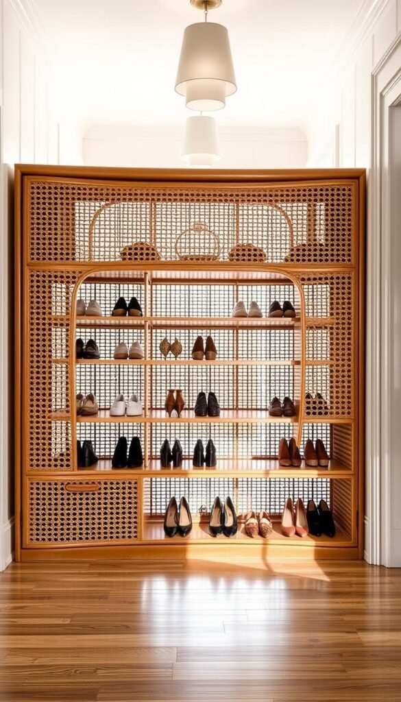 A chic cane and wicker shoe storage unit, showcased in a bright, airy entryway. The curvaceous, openwork design features elegant lattice panels in a natural tan hue, complemented by sleek, satin-finished wooden accents. Nestled on a polished hardwood floor, the unit boasts multiple tiers to neatly display an array of stylish footwear. Soft, diffused lighting from overhead fixtures casts a warm, inviting glow, highlighting the artisanal craftsmanship. The composition emphasizes clean lines, balanced proportions, and a refined, minimalist aesthetic that would seamlessly integrate into a modern, Scandinavian-inspired decor scheme.
