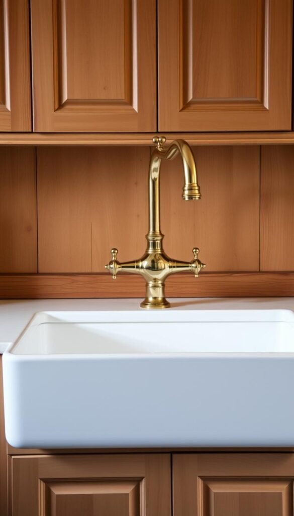 A classic farmhouse sink with a deep basin and clean white finish, paired with a polished brass bridge faucet that gleams in the soft, natural lighting. The sink is set against a backdrop of warm, distressed wood cabinetry, creating a rustic and inviting ambiance. The scene is captured from a slightly elevated angle, highlighting the sink's elegant silhouette and the faucet's graceful curves. The overall mood is one of timeless charm and relaxed sophistication, perfectly suited for a cozy, family-oriented kitchen.