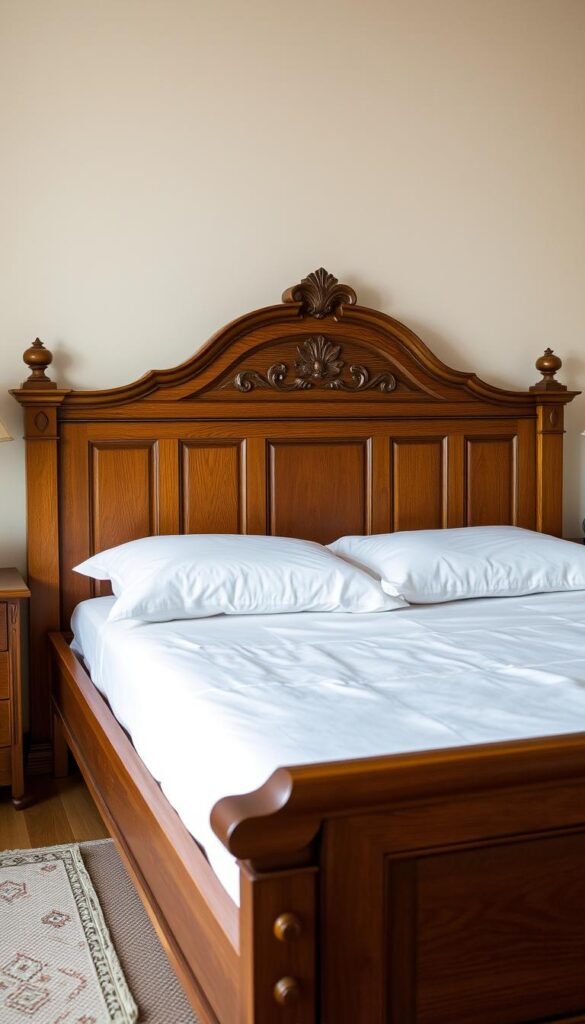 A classic wooden bed frame in a cozy, traditional bedroom setting. The frame is made of richly-grained, warm-toned oak, with intricate carved details on the headboard and footboard. Soft, muted lighting from a nearby sconce casts a gentle glow, highlighting the wood's natural beauty. The bed is dressed in crisp, white linens, creating a serene and inviting atmosphere. In the background, a pair of antique nightstands flank the bed, their ornate drawer pulls glinting subtly. The overall scene evokes a sense of timeless elegance and tranquil sophistication, perfectly capturing the essence of a traditional, comfortable bedroom retreat.