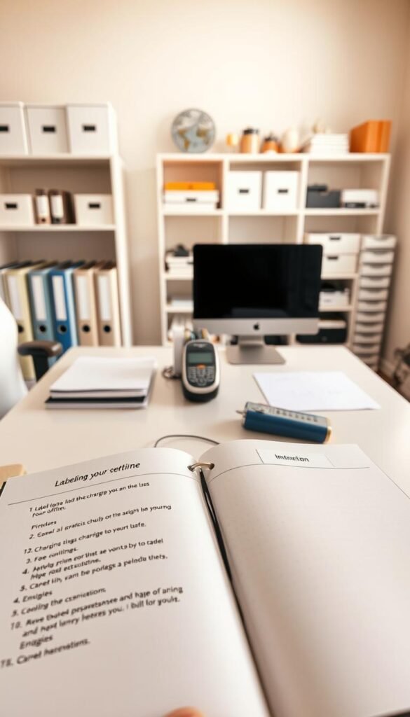 A clean, well-lit home office with a meticulously organized desk. In the foreground, an open notebook displays step-by-step instructions for labeling various office supplies and equipment, including binders, folders, and a charging station. In the middle ground, a label maker sits ready to apply custom tags. The background features neatly arranged shelves and storage solutions, creating a sense of order and efficiency. Warm, natural lighting illuminates the scene, evoking a serene and productive atmosphere.