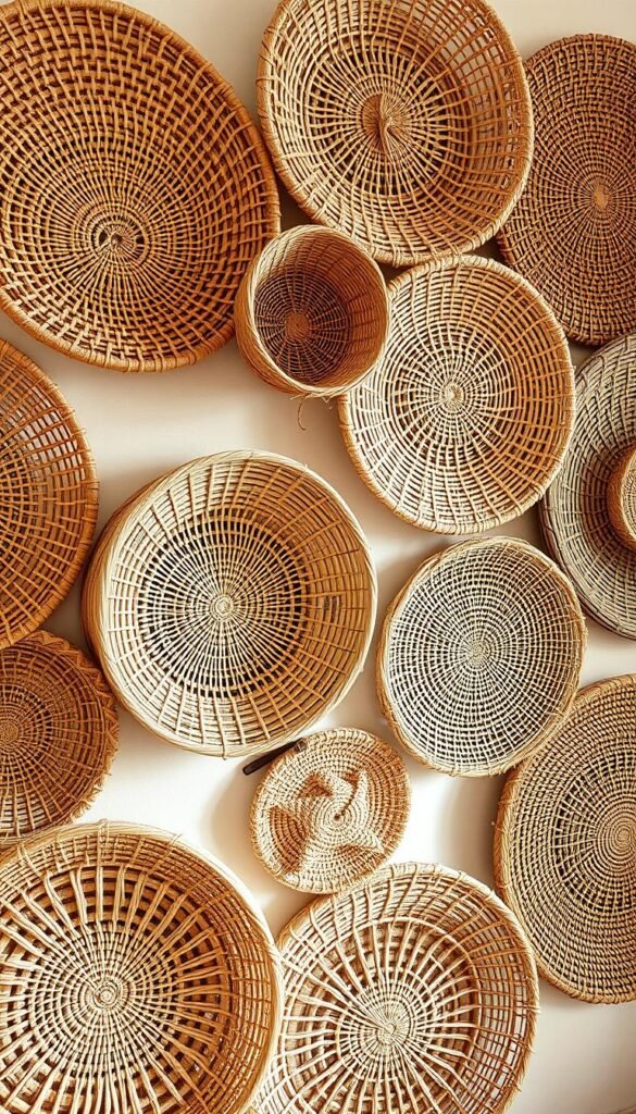 A collection of intricately woven baskets, their intricate patterns and textures creating a captivating wall display. The baskets are carefully arranged in a visually appealing composition, with varying sizes and shapes complementing each other. The lighting is soft and natural, highlighting the warm tones and organic materials of the woven pieces. The overall scene conveys a sense of bohemian elegance, perfectly suited for a cozy, textured wall decor in a relaxed, inviting space.