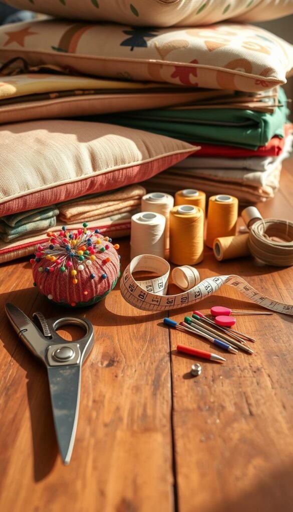 A collection of sewing supplies for handmade pillows, neatly arranged on a rustic wooden table. In the foreground, a pair of sharp fabric scissors, a pincushion filled with colorful pins, and a measuring tape coiled in a spiral. In the middle ground, spools of high-quality thread in a variety of hues, along with a selection of sewing needles of different sizes. The background features a stack of various fabric scraps, ranging from earthy tones to vibrant patterns, ready to be transformed into unique, one-of-a-kind throw pillows. The scene is bathed in warm, natural lighting, creating a cozy, inviting atmosphere perfect for a DIY sewing project.