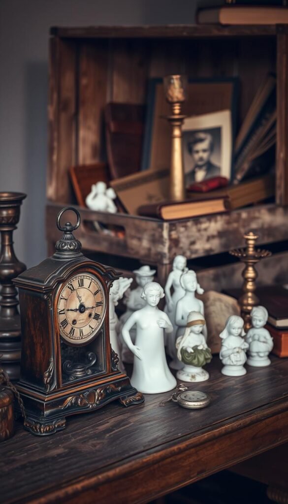 A collection of vintage treasures, meticulously arranged on an old wooden table. In the foreground, a weathered antique clock, its hands frozen in time, stands beside a tarnished silver pocket watch. Mid-ground, an assortment of delicate porcelain figurines, their intricate details casting soft shadows. In the background, a rustic wooden crate overflows with an eclectic mix of vintage finds - an ornate brass candlestick, a worn leather-bound book, and a faded sepia-toned photograph. The scene is bathed in warm, mellow lighting, creating a cozy, nostalgic atmosphere, inviting the viewer to imagine the stories hidden within these timeless artifacts.
