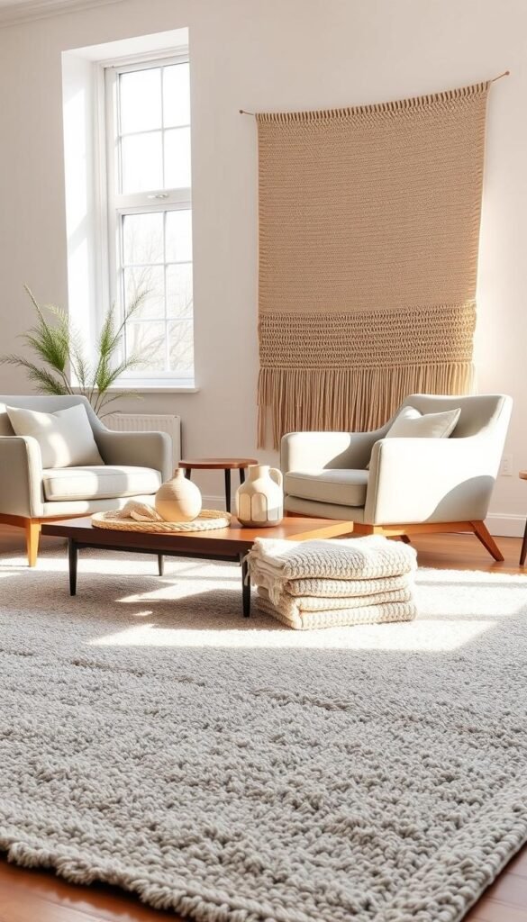 A cozy Scandinavian living room, bathed in warm, natural light filtering through large windows. In the foreground, a plush, textured area rug in a muted palette of grays and whites, complemented by a pair of sleek, minimalist armchairs upholstered in soft, organic fabrics. On a low, wooden coffee table, an assortment of decorative accessories - a handwoven basket, a ceramic vase with simple, geometric patterns, and a stack of neatly folded, textured throw blankets in shades of beige and off-white. In the background, a wall adorned with a large, abstract textile piece, its intricate woven patterns casting subtle shadows across the space. The overall scene exudes a sense of tranquility, sophistication, and a harmonious balance between form and function, embodying the essence of Scandinavian design.