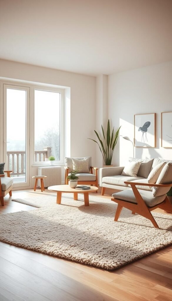 A cozy Scandinavian living room with natural light flooding through large windows, illuminating a minimalist yet inviting space. In the foreground, a plush, textured rug in muted tones anchors the scene. Sleek, light-wood furniture - a sofa, armchair, and coffee table - are arranged with intentionality, creating a harmonious flow. Soft, ambient lighting emanates from discreet sources, casting a warm glow. In the background, tall, potted plants and simple, abstract wall art hint at the philosophy of Hygge - the Danish concept of embracing contentment and coziness. The overall atmosphere evokes a sense of calm, balance, and well-being.