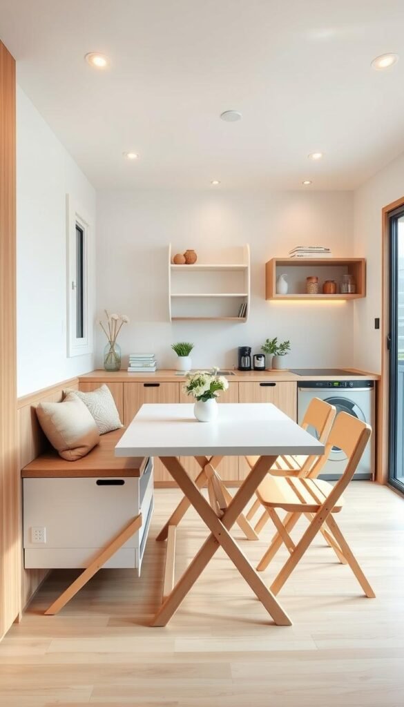A cozy and efficient kitchen dining space with space-saving solutions. A minimalist table with integrated storage and folding chairs nestled in a bright, airy room. Warm wooden accents and soft lighting create a inviting atmosphere. The middle ground showcases a wall-mounted extendable shelving unit, while the background features a window with a serene view. The scene conveys a sense of organization, functionality and design thoughtfulness in a compact living area. Captured with a wide-angle lens to emphasize the clever use of the limited space.