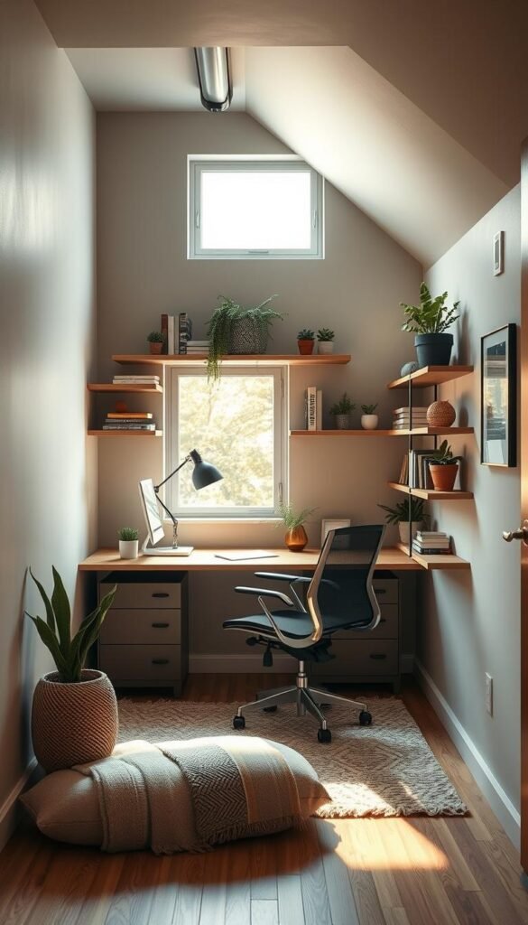 A cozy and functional small home office nestled under a staircase, bathed in warm, natural lighting filtering through a large window. Sleek, minimalist furniture, including a compact desk and ergonomic chair, thoughtfully arranged to maximize the limited space. Shelves and floating wall units display a curated collection of books, plants, and decorative elements, adding pops of greenery and personality. The room's neutral color palette, with hints of wood tones, creates a calming and inviting atmosphere, perfect for focused work or relaxed brainstorming sessions. A carefully placed task lamp and subtle mood lighting add depth and ambiance, while a plush area rug grounds the space, making it feel like a harmonious, integrated part of the home.