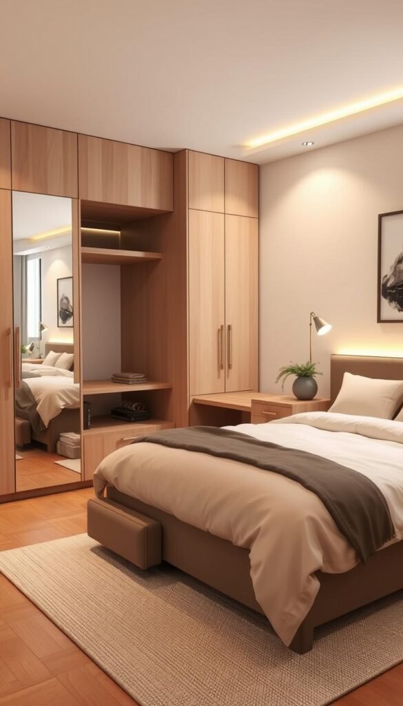 A cozy and functional small master bedroom with a multifunctional bed frame featuring integrated storage, a floating desk that doubles as a vanity, and a space-saving wardrobe with mirrored doors. Warm, diffused lighting casts a gentle glow, creating a soothing atmosphere. The room is styled with minimalist decor, including a potted plant and a piece of abstract wall art, to maintain a clean and uncluttered look. The overall composition emphasizes the efficient use of limited space through the selection of smart, versatile furniture pieces.