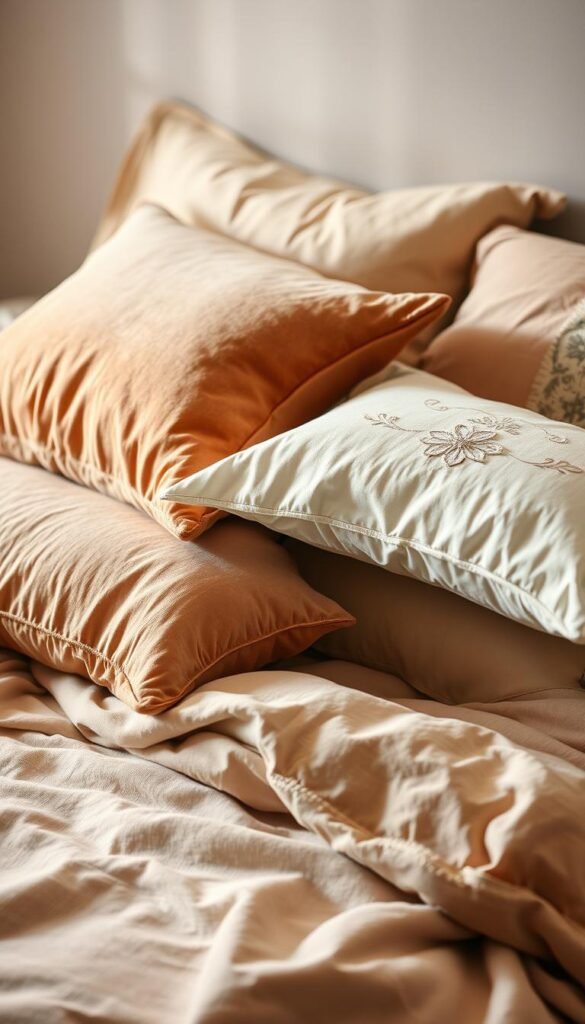 A cozy and inviting arrangement of plush, layered pillows on a soft, textured bedding. The pillows feature a harmonious blend of textures and patterns, including velvet, linen, and delicate embroidery. The lighting is warm and diffuse, creating a soothing, intimate atmosphere. The camera captures the scene from a slightly elevated angle, allowing the viewer to appreciate the depth and complexity of the pillow arrangement. The overall composition conveys a sense of luxurious comfort and thoughtful, deliberate design. A cozy and inviting arrangement of plush, layered pillows on a soft, textured bedding. The pillows feature a harmonious blend of textures and patterns, including velvet, linen, and delicate embroidery. The lighting is warm and diffuse, creating a soothing, intimate atmosphere. The camera captures the scene from a slightly elevated angle, allowing the viewer to appreciate the depth and complexity of the pillow arrangement. The overall composition conveys a sense of luxurious comfort and thoughtful, deliberate design.