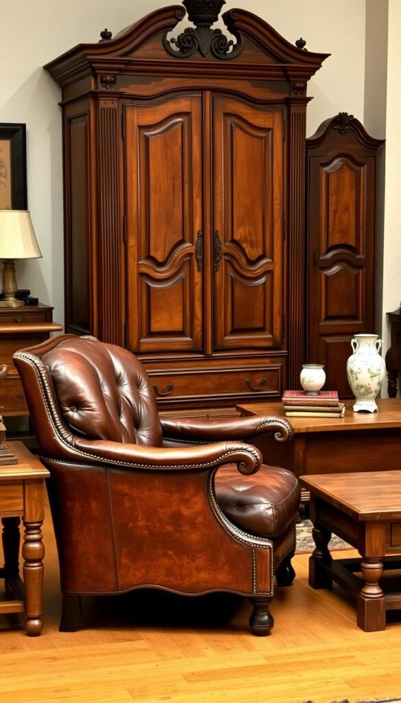 A cozy and inviting arrangement of vintage wooden furniture, expertly crafted with intricate details and a timeless aesthetic. In the foreground, a well-worn but meticulously maintained antique armchair, its leather upholstery softened by years of use, invites one to sink into its embrace. Beside it, a sturdy side table with a gently weathered finish, topped with a collection of aged leather-bound books and a delicate porcelain vase. In the middle ground, a rustic, solid-wood coffee table, its surface adorned with subtle imperfections that add character. Behind, a majestic vintage wardrobe stands tall, its ornate carvings and distressed wooden panels exuding an air of elegance and history. The room is bathed in a warm, golden glow, creating a cozy and inviting ambiance that perfectly captures the charm of timeless, antique furniture.