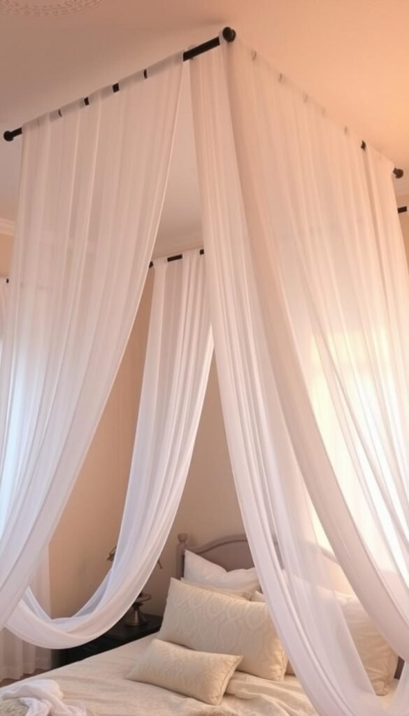 A cozy and inviting bedroom with a DIY canopy created using curtain rods. The canopy is made from sheer, flowing white fabric that cascades gracefully from the ceiling, creating a soft and romantic ambiance. The curtain rods are mounted to the wall, forming a sturdy and elegant frame for the fabric. The room is well-lit, with warm, natural lighting filtering in through the sheer curtains, casting a gentle glow over the space. The overall atmosphere is calming and serene, perfect for a relaxing retreat.