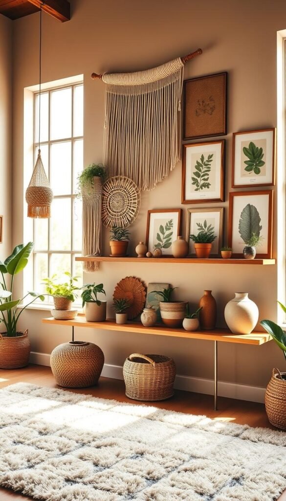 A cozy and inviting boho-inspired gallery wall, illuminated by warm natural lighting streaming through large windows. The focal point is an eclectic mix of macramé wall hangings, woven tapestries, and framed botanical prints in earthy tones. Decorative wooden shelves display potted plants, woven baskets, and ceramic vases, creating a layered and visually interesting composition. The walls are painted in a soft, muted shade, complementing the natural textures and organic elements. A plush, neutral-toned area rug grounds the space, adding to the relaxed, bohemian ambiance. The overall scene evokes a sense of tranquility and artistic expression, perfect for showcasing a boho-chic wall decor.