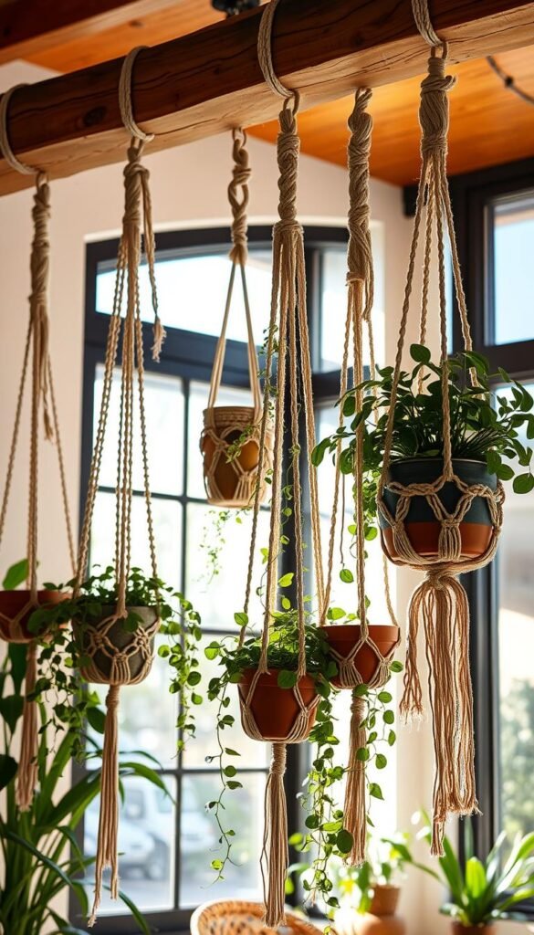 A cozy and inviting boho-inspired indoor scene, showcasing an arrangement of macramé plant hangers in varying sizes and intricate knotwork patterns. The hangers are suspended from a rustic wooden beam, gently swaying in the soft, warm lighting that filters through the large window. Lush, trailing vines and potted plants are nestled within the macramé, creating a harmonious blend of natural textures and earthy tones. The overall atmosphere is one of relaxation and an effortless, laid-back elegance, perfectly complementing the bohemian aesthetic.