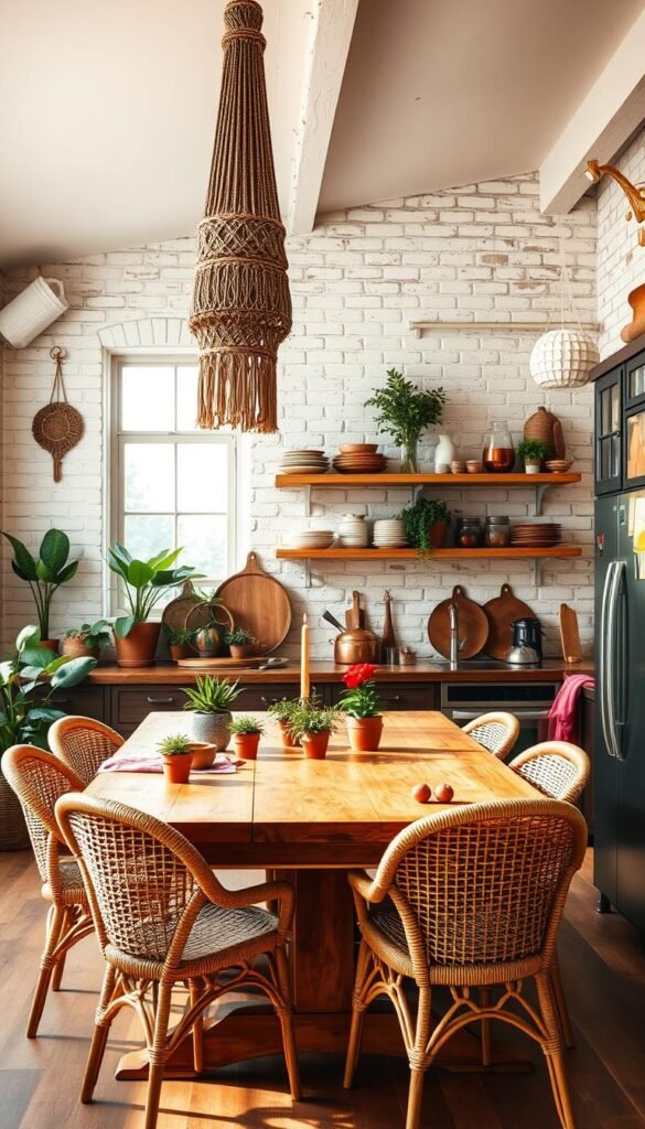 A cozy and inviting boho-style kitchen with warm, earthy tones and a touch of rustic charm. The foreground features a large farmhouse-style wooden table with woven rattan chairs, adorned with vibrant textiles and potted plants. Hanging above the table, a cluster of macrame pendant lights casts a soft, ambient glow. The middle ground showcases open shelving displaying an eclectic mix of ceramic dishes, copper cookware, and decorative items. The background reveals a textured, whitewashed brick wall with a large window that allows natural light to flood the space, creating a bright and airy atmosphere. The overall vibe is relaxed, inviting, and effortlessly stylish.