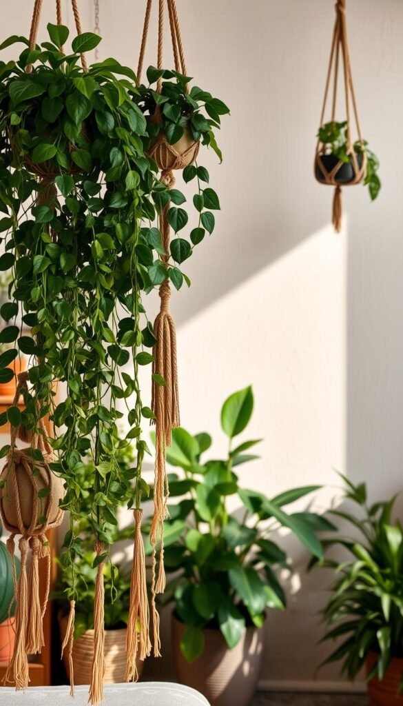 A cozy and inviting boho-style living space, with lush hanging plants cascading from macrame wall hangings. The foreground features a mix of trailing vines, leafy pothos, and vibrant philodendrons suspended from intricate macrame plant holders in warm earthy tones. The middle ground showcases a large, potted fiddle-leaf fig tree casting soft, natural light across the scene. In the background, a neutral-toned textured wall provides a minimalist backdrop, emphasizing the organic, nature-inspired aesthetic. The overall mood is one of tranquility and harmony, creating a serene, plant-filled oasis perfect for a boho-chic interior.
