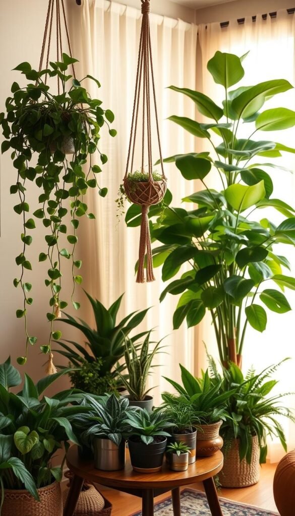 A cozy and inviting boho-style room setting showcasing various houseplants arranged in a visually appealing manner. In the foreground, lush, trailing vines of a philodendron and pothos cascade from macrame plant hangers suspended from the ceiling. In the middle ground, a mix of potted succulents, ferns, and smaller leafy plants are grouped together on a wooden side table, their textured foliage creating a harmonious color palette. In the background, a large fiddle-leaf fig tree stands tall, its broad leaves adding depth and a sense of tranquility to the scene. Warm, diffused lighting filters through sheer curtains, casting a soft, natural glow over the plants. The overall atmosphere is one of serene, earthy elegance, inviting the viewer to discover practical tips for mindful plant placement and care.