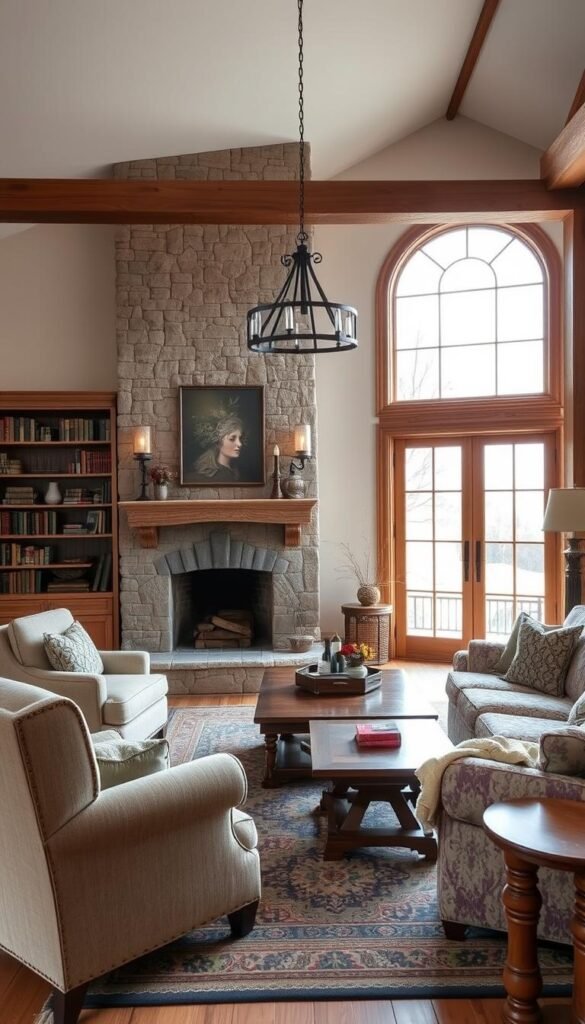 A cozy and inviting country classic living room with a warm, neutral color palette and natural wood accents. The focal point is a beautiful stone fireplace with a rustic mantel, surrounded by bookshelves filled with weathered tomes. Soft lighting from sconces and a pendant lamp creates a gentle, ambient glow. In the foreground, a plush armchair and an ornate area rug anchor the space, while in the middle ground, a wooden coffee table and a loveseat with patterned upholstery invite relaxation. The background features large windows that let in natural light and offer a glimpse of a tranquil outdoor scene, blending the indoors and outdoors seamlessly.