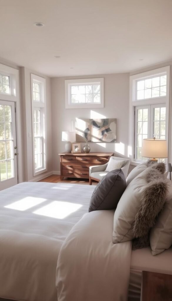 A cozy and inviting guest bedroom, filled with natural light streaming through large windows. In the foreground, a plush queen-sized bed with crisp white linens and a fluffy gray comforter. Soft, textured throw pillows in muted tones add depth and visual interest. On the bedside tables, simple lamps with warm, ambient lighting. In the middle ground, a distressed wood dresser and a comfortable armchair, creating a cozy reading nook. The walls are painted in a soothing, neutral color, accentuated by a few pieces of abstract wall art. The overall mood is one of tranquility and relaxation, perfect for welcoming guests.