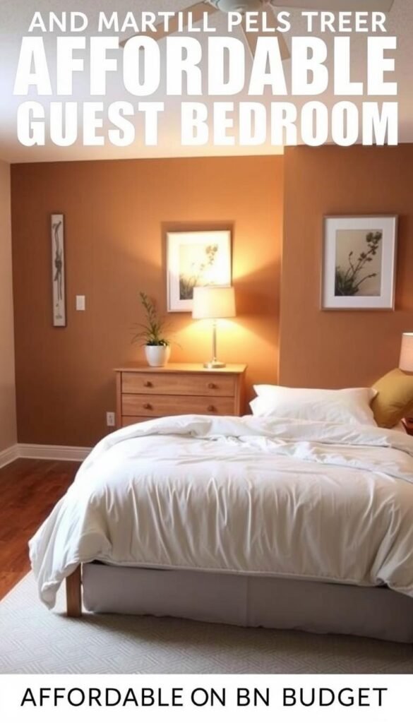A cozy and inviting guest bedroom with affordable, minimalist decor. In the foreground, a queen-sized bed with a plush white comforter and soft throw pillows. On the bedside tables, simple lamps with natural rattan shades. In the middle ground, a wooden dresser with clean lines and a potted plant. The walls are painted a warm, earthy tone, complemented by framed nature-inspired wall art. Soft ambient lighting from a floor lamp in the corner creates a soothing, relaxing atmosphere. An area rug with a subtle geometric pattern ties the room together. Overall, a serene and stylish guest retreat on a budget.