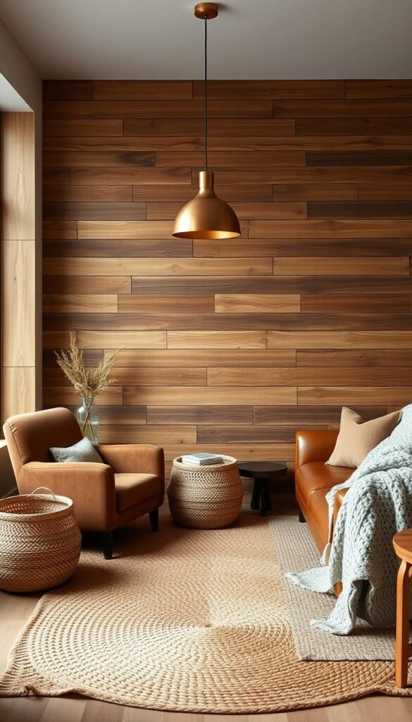 A cozy and inviting interior with warm, natural textures. A rustic wood-paneled wall in the foreground, its intricate grain patterns catching the soft, diffused lighting. In the middle ground, a woven jute area rug adds visual interest and tactile appeal. Brushed copper pendant lights hang overhead, casting a gentle glow. Plush velvet armchairs and a leather sofa in earthy tones sit comfortably, beckoning for relaxation. Decorative accents like a woven basket, a wooden side table, and a chunky knit throw blanket complete the serene, organic ambiance, creating a space that feels both modern and timeless.