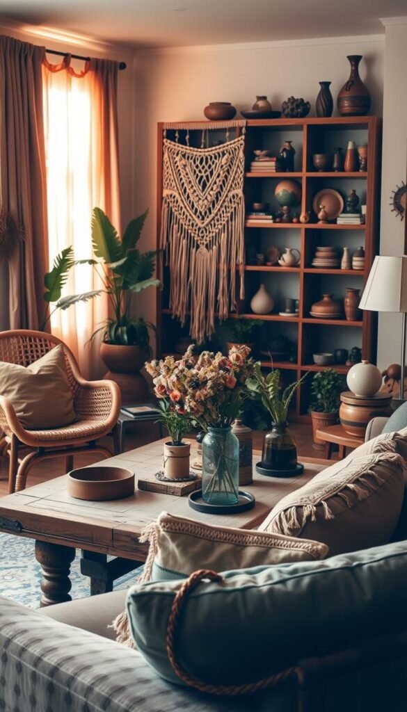 A cozy and inviting living room filled with a mix of vintage and artisanal boho-inspired furniture. In the foreground, a plush velvet sofa with tasseled throw pillows, and a rattan chair with a woven seat. In the middle ground, a rustic wooden coffee table adorned with a macrame wall hanging, potted plants, and a vintage glass vase with dried flowers. In the background, a bookshelf showcasing a curated collection of eclectic objects, ceramics, and textiles. Warm, diffused lighting filters through sheer curtains, creating a soft, atmospheric glow. The overall scene conveys a sense of global influences, comfort, and a lived-in, worldly aesthetic.