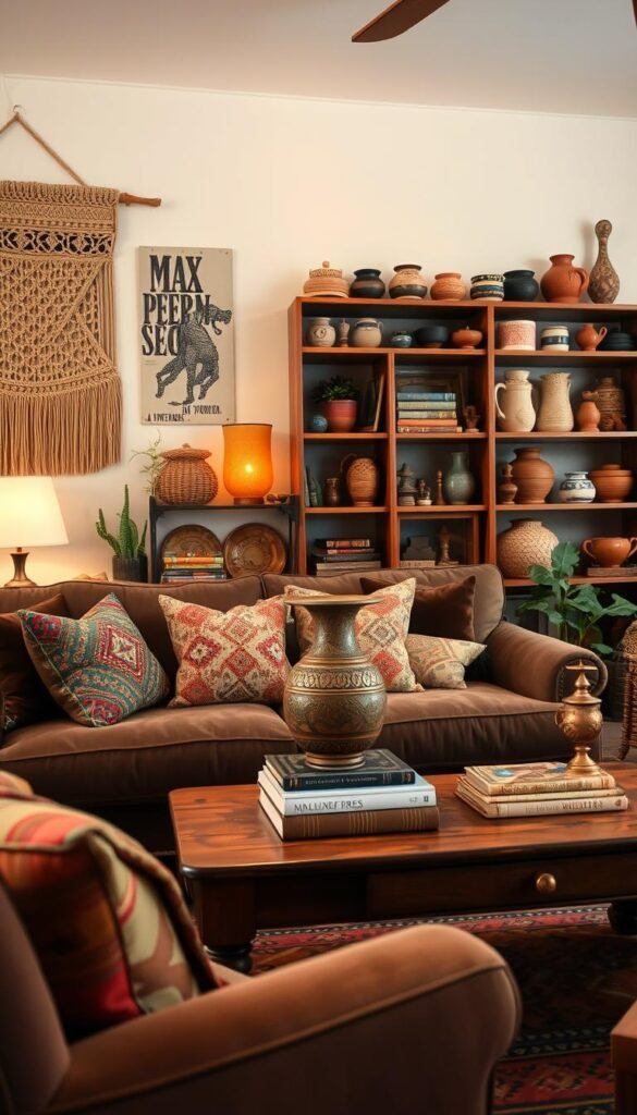 A cozy and inviting living room filled with an eclectic mix of vintage and globally-inspired boho decor. In the foreground, a plush velvet sofa adorned with colorful patterned throw pillows and a woven macrame wall hanging. In the middle ground, a rustic wooden coffee table topped with an ornate ceramic vase, a stack of antique books, and a brass incense burner. Behind, a bookshelf displaying an array of woven baskets, terracotta pottery, and various trinkets from around the world. Warm, ambient lighting casts a soft glow, creating a relaxed, lived-in atmosphere. The overall scene evokes a sense of worldly sophistication and creative, free-spirited style.