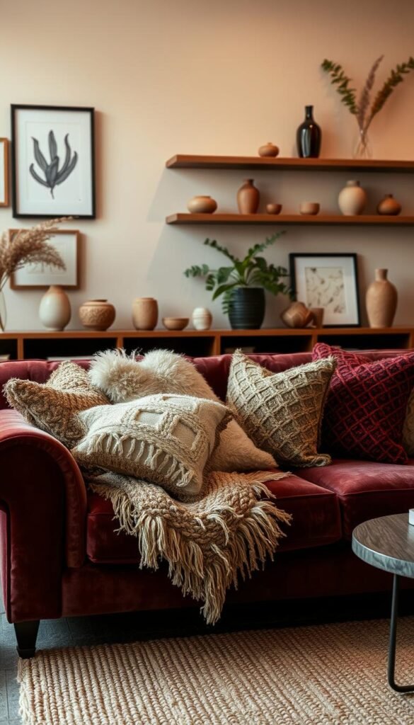 A cozy and inviting living room scene with soft, plush textural layers. In the foreground, a sumptuous velvet sofa in a rich jewel-toned hue, accented with an array of decorative pillows in various patterns and materials, including chunky knits, velvets, and faux furs. In the middle ground, a hand-knotted area rug in earthy tones, layered over a sisal base, creating a tactile contrast. The background features a solid, neutral-colored wall, with several framed artworks and shelves displaying decorative ceramic vases and plant life, bathed in warm, diffused lighting, emanating a sense of tranquility and comfort.