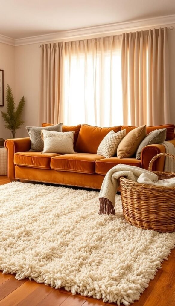 A cozy and inviting living room setting, filled with a harmonious blend of textures. In the foreground, a plush, ivory-colored shag rug covers the hardwood floor, its soft fibers inviting barefoot exploration. Atop the rug, a low-slung, oversized velvet sofa in a rich, earthy tone takes center stage, its sumptuous upholstery complemented by an array of throw pillows in various patterns and materials - velvety, knitted, and woven. In the middle ground, a solid wood coffee table with a textured, natural finish stands as a sturdy counterpoint, while a woven basket filled with soft blankets sits nearby, hinting at the room's comforting ambiance. Warm, indirect lighting filters through sheer, gauzy curtains, casting a gentle glow and creating an atmosphere of cozy relaxation.