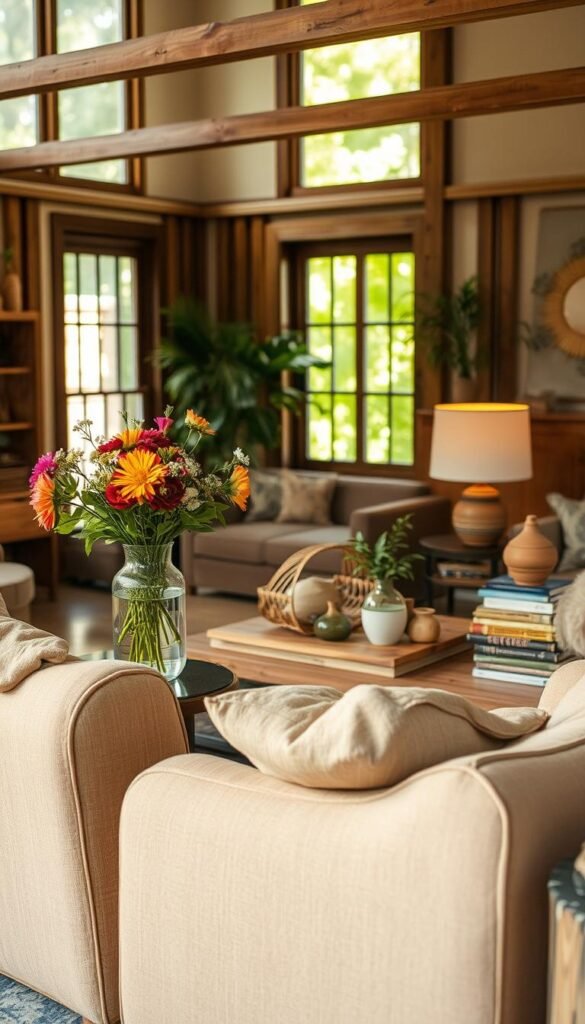 A cozy and inviting living room showcasing an array of eco-friendly home decor ideas. In the foreground, a plush, oversized armchair made from repurposed materials such as natural fibers or reclaimed wood. On a side table, a modern vase crafted from recycled glass holds a vibrant bouquet of locally sourced flowers. The middle ground features a rustic, wooden coffee table surrounded by an assortment of repurposed and upcycled decor items, including a lamp made from reclaimed materials, a woven basket, and a stack of vintage books. In the background, large windows flood the space with warm, natural light, illuminating the room's earthy, sustainable aesthetic. The overall atmosphere is one of comfort, style, and environmental consciousness.