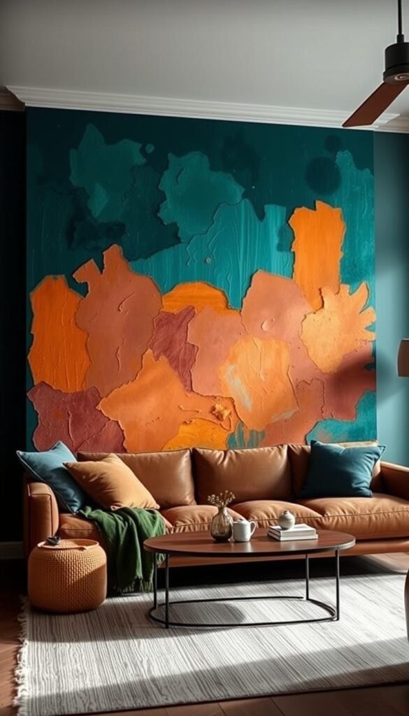 A cozy and inviting living room with a focal accent wall showcasing a vibrant array of paint color ideas. The wall features a harmonious blend of rich, saturated hues, ranging from deep indigos and emerald greens to warm ochres and terracotta tones. The lighting is soft and diffused, creating a serene and tranquil atmosphere. The camera captures the wall at a slightly elevated angle, highlighting the textural details and the interplay of shadows and highlights. The overall mood is one of sophistication and creativity, inspiring viewers to consider transforming their own living spaces with the simple yet impactful power of paint.