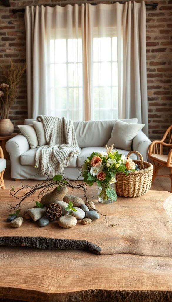 A cozy and inviting living room with natural materials seamlessly integrated into the decor. In the foreground, a rustic wooden coffee table showcases an artful arrangement of cascading vines, river stones, and a woven basket overflowing with fresh florals. The middle ground features a plush linen sofa draped with a hand-knitted throw blanket, complemented by a pair of woven rattan armchairs. Soft, diffused lighting filters through sheer linen curtains, casting a warm, earthy glow across the space. In the background, a feature wall of exposed brick or natural stone provides an organic backdrop, heightening the overall sense of harmony between nature and interior design.