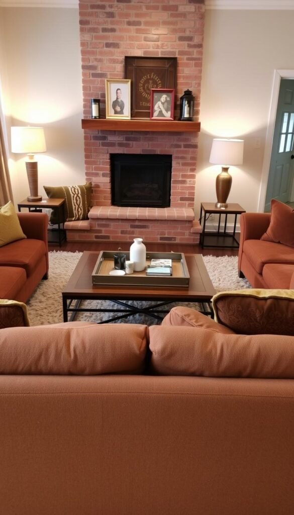 A cozy and inviting living room with plush, comfortable furniture arranged in a cohesive layout. In the foreground, a deep, cushioned sofa with warm, earthy tones and textured upholstery, complemented by a pair of overstuffed armchairs in a similar style. A large, square coffee table with a wooden top and metal frame sits in the center, topped with a tray of decorative elements. In the middle ground, a soft, shag area rug in a neutral color ties the space together, while floor lamps with soft, ambient lighting flank the seating area. The background features a brick or stone fireplace with a mantel displaying personal decor, creating a welcoming and relaxing atmosphere.