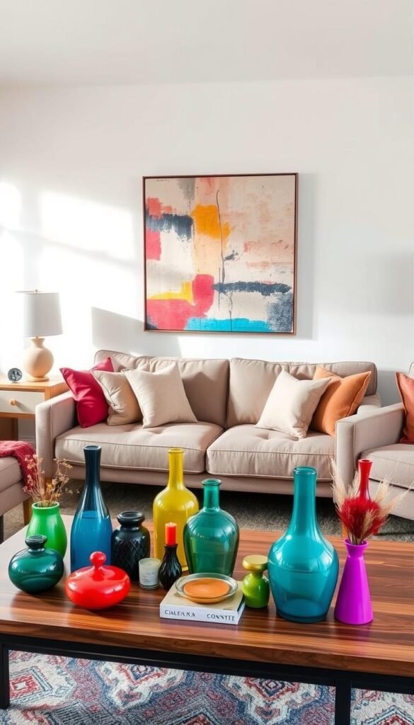 A cozy and inviting neutral living room with vibrant, eye-catching decor accents. Soft, diffused natural lighting illuminates a mid-century modern sofa and armchair, their muted tones complemented by richly-colored throw pillows, a plush area rug, and a statement abstract artwork on the wall. In the foreground, a sleek wooden coffee table holds an assortment of colorful vases, candles, and decorative objects that add pops of vivid hues to the space. The overall atmosphere is one of warmth, sophistication, and a harmonious balance between the neutral base and the vibrant accent pieces.