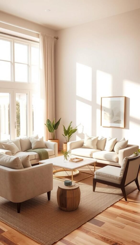 A cozy and inviting neutral-toned living room with a plush sofa, a pair of comfy armchairs, and a sleek coffee table arranged in a harmonious layout. The room is bathed in warm, natural light filtering through large windows, casting a soft glow on the neutral-colored walls and accents. Subtle textures, such as woven rugs, linen curtains, and wooden elements, add depth and visual interest to the space. Minimal yet stylish decor, including a few potted plants and abstract wall art, completes the timeless, effortless aesthetic. The overall mood is one of tranquility and timelessness, reflecting the enduring appeal of a neutral color palette.