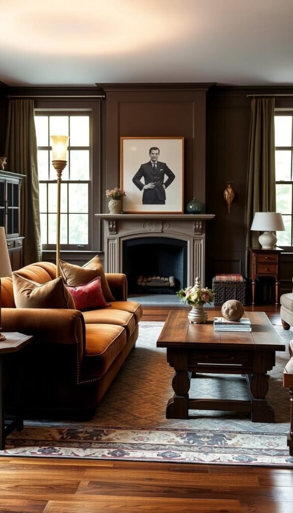 A cozy and inviting transitional living room, with a blend of antique and modern furnishings. Warm lighting from a vintage-inspired floor lamp illuminates the space, casting a soft glow on the room's mix of textures - a plush velvet sofa, a rustic wooden coffee table, and a patterned area rug. In the background, a stately fireplace with a sleek, minimalist mantel anchors the room, while large windows allow natural light to filter in, creating a harmonious balance between old and new. The overall atmosphere is one of timeless elegance and effortless sophistication.