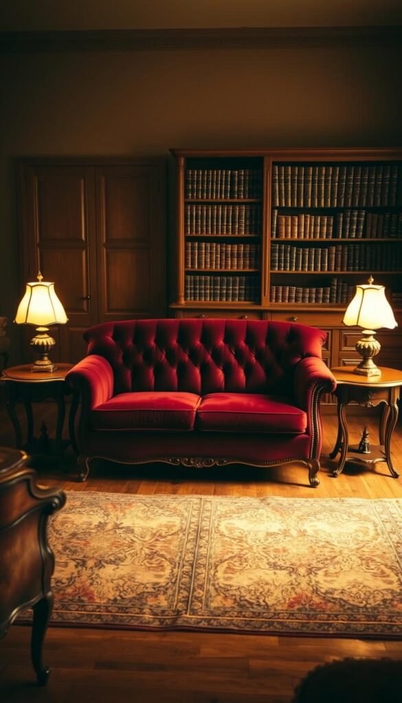 A cozy and inviting vintage-inspired living room with a warm, soft lighting. A plush tufted velvet sofa in a deep burgundy hue sits in the center, flanked by antique wooden side tables with intricate carvings. On the tables, a pair of vintage table lamps with ornate glass shades cast a gentle glow. In the background, a worn oriental rug in muted tones covers the hardwood floor, and a tall, narrow bookshelf filled with leather-bound volumes stands against the wall. The room is bathed in a nostalgic, sepia-toned ambiance, evoking a sense of timeless elegance and comfort.
