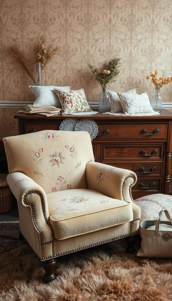 A cozy and inviting vintage scene featuring a collection of refined textile decor elements. In the foreground, a plush velvet armchair with intricate floral embroidery sits atop a lush, patterned rug. In the middle ground, a vintage wooden dresser displays an array of delicately textured throw pillows, lace doilies, and antique glass vases filled with dried flowers. The background showcases a wall adorned with a classic paisley wallpaper, casting a warm, nostalgic glow over the entire composition. Soft, diffused lighting creates a serene, timeless atmosphere, highlighting the timeless charm of these refined vintage finds.
