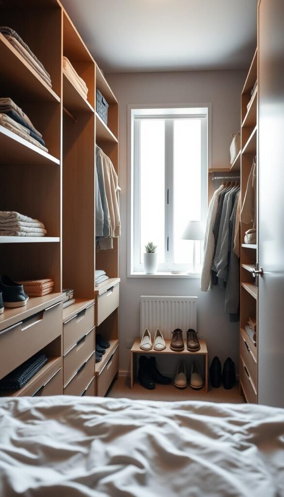 A cozy and organized small bedroom closet, the focus of the frame. In the foreground, sleek and minimalist shelving units, drawers, and hanging rods maximize storage space efficiently. The middle ground showcases neatly folded clothes, shoes, and accessories arranged in a visually pleasing manner. Natural lighting from a window in the background gently illuminates the scene, creating a serene and inviting atmosphere. The overall mood is one of calm functionality, with a touch of Scandinavian design aesthetic. A wide-angle lens captures the full depth of the closet, emphasizing the clever storage solutions within a compact bedroom setting.