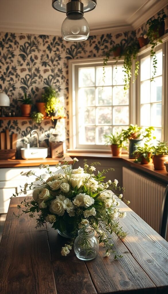 A cozy and sun-drenched kitchen with vintage charm, showcasing an abundance of fresh floral accents. In the foreground, a lush centerpiece arrangement adorns the rustic wooden table, its delicate blooms and greenery spilling across the surface. Along the wall, intricate botanical wallpaper creates a lush, botanical backdrop, complemented by a row of potted plants cascading from floating shelves. Soft, natural lighting filters in through large windows, casting a warm, golden glow that highlights the textural details of the vintage-inspired decor. The overall atmosphere is one of effortless elegance and timeless, organic beauty.