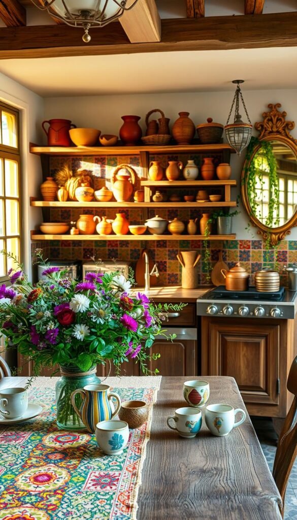 A cozy and vibrant bohemian kitchen, bathed in warm, natural light filtering through large windows. In the foreground, a rustic wooden table is adorned with a colorful patterned tablecloth, a vase of lush, wild flowers, and an eclectic mix of ceramic mugs and bowls. The middle ground features a set of open shelves displaying an array of earthy-toned pottery, woven baskets, and trailing plant vines. The background showcases a backsplash of colorful tiles in a whimsical, geometric design, complemented by a vintage-inspired, brass-framed mirror. The overall atmosphere is one of laid-back, creative energy, inviting exploration and inspiration.