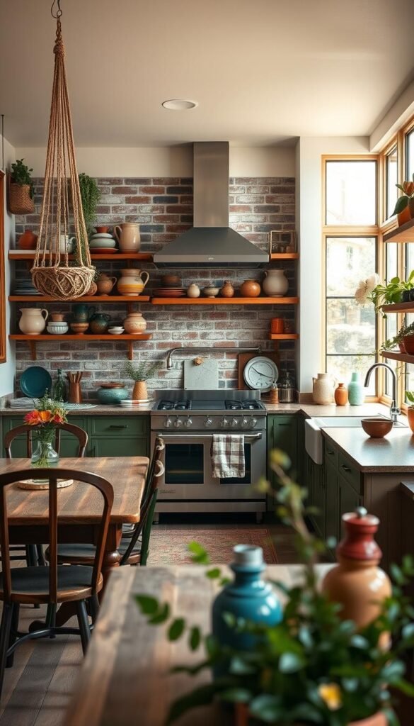 A cozy and vibrant bohemian kitchen with a seamless blend of vintage and modern elements. The foreground features an eclectic mix of decor, including a rustic wooden dining table paired with mismatched vintage chairs, a hanging macrame plant holder, and a collection of colorful ceramic vases. In the middle ground, a sleek stainless steel oven and range hood contrast with a weathered brick backsplash and open shelving displaying an array of earthenware. The background showcases large windows allowing natural light to flood the space, casting a warm, golden glow and highlighting the textures of the room. The overall atmosphere is one of relaxed elegance, where the old and new harmonize to create a truly unique and inviting culinary sanctuary.