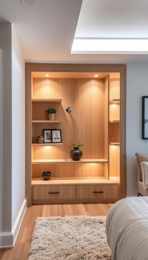 A cozy and well-designed alcove solution for a small master bedroom, featuring a custom built-in shelving unit with integrated lighting. The shelves are made of light-colored wood, complementing the neutral tones of the room. The recessed lighting casts a warm, ambient glow, creating a inviting and functional nook. The alcove is positioned beneath a window, allowing natural light to filter in and enhance the sense of openness. A plush, textured rug and a few decorative elements, such as potted plants or framed artwork, add visual interest and a touch of personalization to the space.