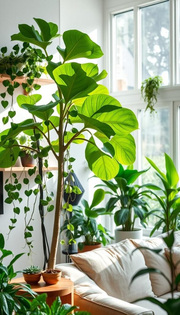 A cozy and well-lit living room showcases a variety of lush indoor plants. In the foreground, a large fiddle-leaf fig tree stands tall, its broad leaves casting gentle shadows across the space. Trailing vines of pothos cascade from floating shelves, and a cluster of small succulents rests atop a wooden side table. Soft, indirect lighting illuminates the greenery, creating a serene and refreshing ambiance. The middle ground features a plush, neutral-toned sofa and armchair, inviting visitors to relax amidst the natural elements. The background reveals large windows that allow an abundance of natural light to pour in, blending the indoor and outdoor spaces seamlessly.