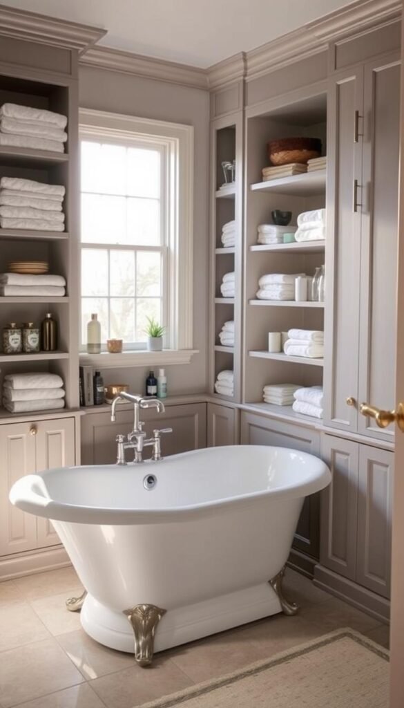 A cozy and well-organized bathroom with a beautiful clawfoot bathtub, surrounded by sleek built-in shelves and cabinets. The shelves are filled with neatly arranged towels, bath products, and decorative accents, creating a visually appealing and functional storage solution. Soft, natural lighting filters in through a large window, casting a warm glow on the scene. The overall atmosphere is one of tranquility and efficiency, with every item in its place, showcasing clever bathtub storage ideas to inspire the viewer.