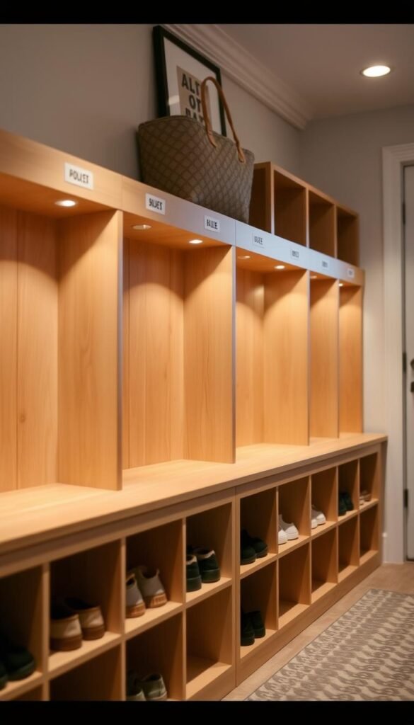 A cozy and well-organized family-friendly entryway featuring a row of neatly arranged shoe cubbies with individual compartments. The cubbies are made of light-colored wood with a natural finish, providing a warm and inviting atmosphere. Each cubby is labeled with a simple black text label, clearly indicating the purpose of each compartment. The lighting is soft and diffused, creating a pleasant and welcoming ambiance. The scene is captured from a slightly elevated angle, giving a clear view of the organized shoe storage solution. The overall mood is one of tidiness, functionality, and family-oriented comfort.