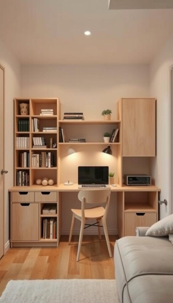 A cozy and well-organized small apartment with a multifunctional furniture piece that serves as a bookshelf, desk, and storage unit. The piece is made of light wood with clean lines and minimalist design, seamlessly blending into the modern, airy decor. Soft, warm lighting illuminates the space, casting a gentle glow and creating a sense of comfort and efficiency. The camera angle captures the furniture piece from a slightly elevated perspective, showcasing its versatility and how it maximizes the available space. The overall atmosphere is one of functionality, organization, and stylish simplicity - a perfect representation of "Why Multi-Purpose Furniture for Seamless Storage Solutions is a Game-Changer".